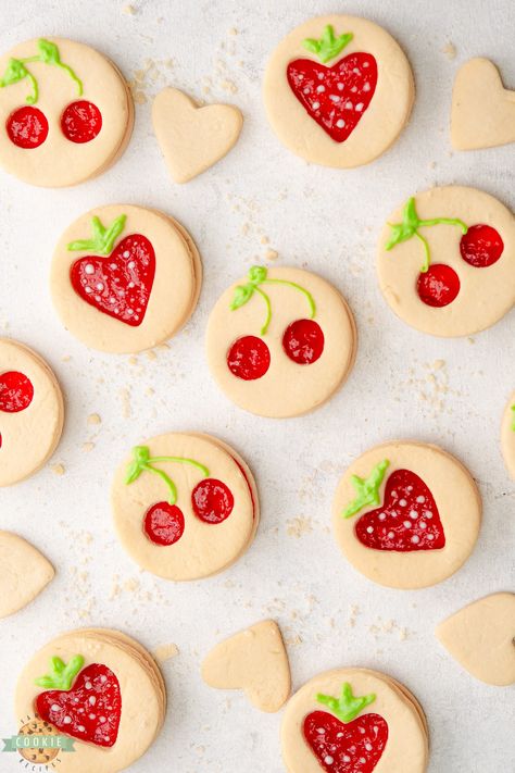 Heart Cut Out Cookies, Fruit Shaped Cookies, Strawberry Shaped Cookies, Cookies With Jam Filling, Valentine Cookies Packaging, Cookies Shapes, Stunning Desserts, Cookies With Jam, Cherry And Strawberry