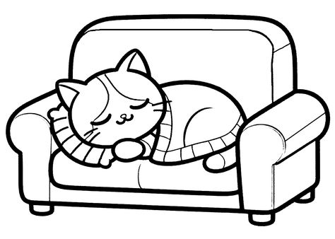 Cat On Couch, Pets Coloring Pages, Cats Coloring Pages, Cute Cat Sleeping, Cozy Sofa, A Cute Cat, Printable Pictures, Ancient Maps, Cat Coloring Page