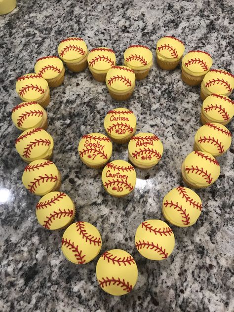 Softball Party Decorations Diy, Softball Cupcakes Ideas, Softball Party Decorations, Softball Snacks, Softball Cupcakes, Softball Treats, Softball Fundraiser, Softball Senior Night, Party Food Bars