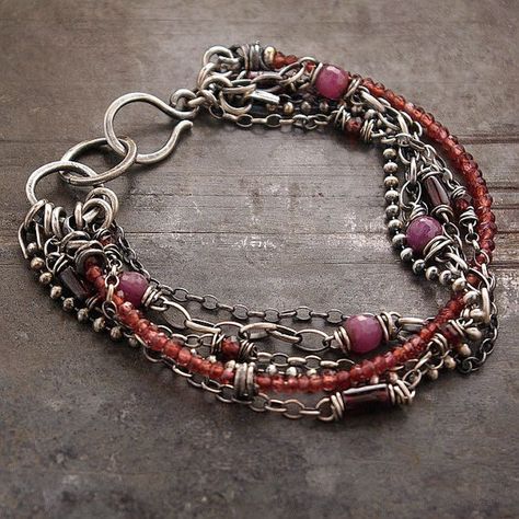 Garnet  bracelets • Chain bracelet • Sterling silver 925 •  Ruby  • link bracelets Oxidized Silver Bracelet, Chain Ideas, Silver Boho Jewelry, Multi Chain Bracelet, Bracelets Chain, Ruby Bracelet, Silver Bracelets For Women, Unique Birthday Gift, Garnet Bracelet