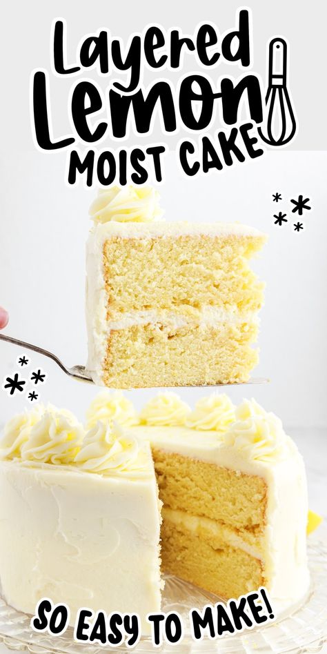 One bite of this lemon layer cake will have you begging for more! It's packed with lemony flavor from the cake and the fluffy buttercream frosting. The ingredients are simple, and the cake is moist and tender. Lemon Swirl Cake, Lemon Cake Design, Homemade Lemon Cake Recipe, Delicious Lemon Desserts, Homemade Lemon Cake, Fluffy Buttercream Frosting, Fluffy Buttercream, Lemon Layer Cake, Lemon Layer Cakes