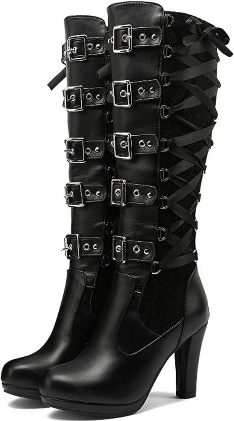 Goth Boots, Gothic Shoes, Cosplay Boots, Buy Boots, Knee Length Boots, Buckles Fashion, Boots Square Toe, Chunky High Heels, Spike Heels