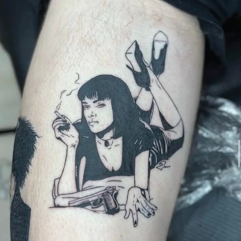 Pulp Fiction Silhouette Blackwork Illustrative Portrait Tattoo Idea & Design on Leg Pulp Fiction Silhouette Tattoo Done At Fiction Tattoo, Pulp Fiction Tattoo, Silhouette Tattoo, Shoulder Tats, Silhouette Tattoos, Sleeves Ideas, Union Square, Idea Design, Tattoo Idea