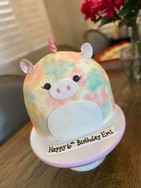 Squishmallow Bday Cake, Unicorn Squishmallow Cake, Cakes For 9th Birthday Girl, Diy Squishmallow Cake, Squishmellows Birthday Party, 9th Birthday Theme Girl, Squish Mallow Cake, Swuishmellow Birthday Party, Squishmallow Birthday Cakes