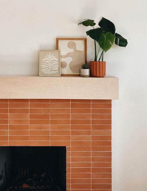 Cement Tile Fireplace, Modern Fireplace Tiles, Mid Century Modern Fireplace, Mid Century Fireplace, Mantel Styling, Zia Tile, Tile Fireplace, Fireplace Tile Surround, Fireplace Hearth