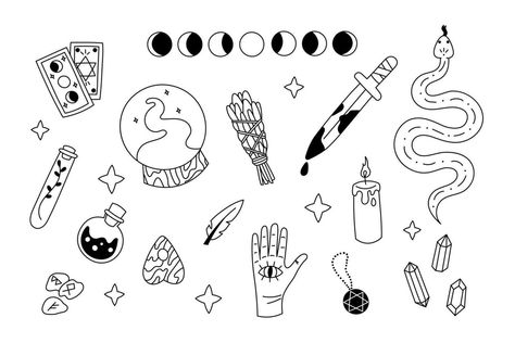 Set of hand drawn vector doodle elements isolated on white background. Mystical occult elements, modern witch things - magic ball, tarot, herbs, dagger, snake, potion, crystals, runes, etc. Tarot Doodles, Potion Doodle, Crystal Doodles, Magical Doodles, Witch Doodles, Magic Doodles, Witchy Doodles, Magic Doodle, Doodle Elements