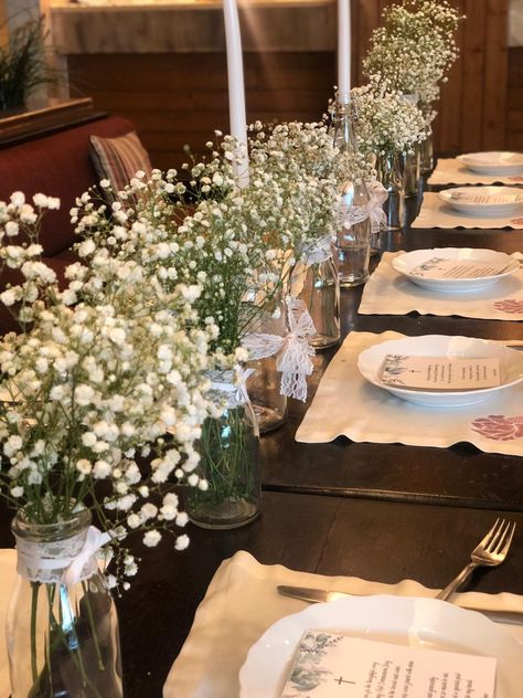 Gypsophila table decoration Holy Communion Table Decorations, First Communion Table Decorations, April Table Decorations, First Communion Table, Gypsophila Table Decorations, Table Confirmation, Baptism Table Set Up, Baptism Decorations Table, First Communion Table Setting