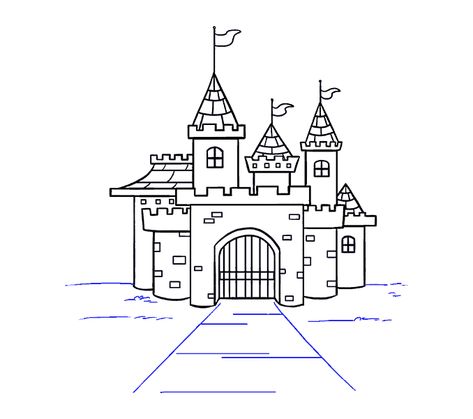 How to Draw Cartoon Castle: Step 19 Hogwarts Castle Drawing, Castle Drawing Easy, Disney Castle Logo, Simple Castle, Spaceship Drawing, Castle Cartoon, Castle Coloring Page, Easy Drawing Guides, Castle Drawing