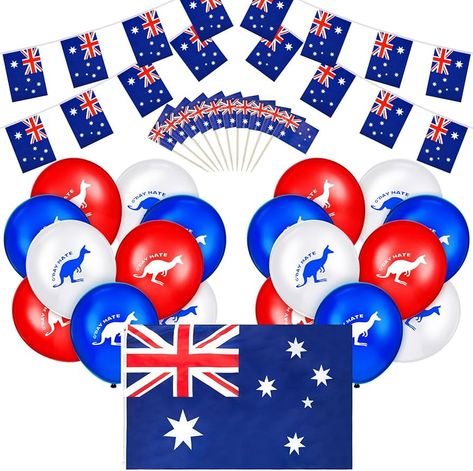 Harrycle 122 Pcs Australian Party Decoration Include 1 Large Australian Flag, 100 Food Flags Sticks, 18 Kangaroo Balloons, 2 Ribbons, 5 Meters Australian Flag Bunting Banner for Birthday Australia Day : Amazon.co.uk: Toys & Games Food Flags, Australian Party, Australia Day Celebrations, Banner For Birthday, Flag Food, Australian Flag, Australian Flags, Australia Flag, Australian Food