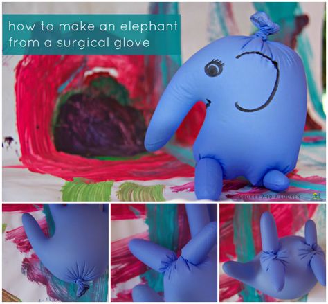 How to make an elephant from a surgical glove: this would be fantastic for medical play/therapeutic art with medical equipment, and also a great w… Glove Balloons, Medical Crafts, Medical Play, Glove Puppets, Surgical Gloves, Child Life Specialist, Pediatric Care, Children Hospital, Hospital Nurse