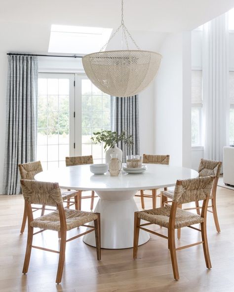 Dining Table With Rattan Chairs, Kitchen Dining Ideas, White Pedestal, Lake Ideas, Woven Dining Chairs, Coastal Dining Room, Transitional Dining, Dining Ideas, Coastal Dining