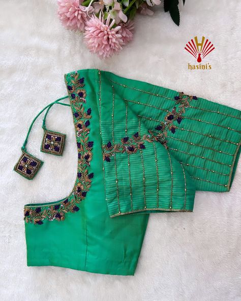 Green Zardosi Work Blouse, Dark Green Blouse Designs, Green Maggam Work Blouse, Long Skirt Top Designs, Green Blouse Designs, Pink Blouse Designs, Dark Green Blouse, Blue Blouse Designs, Netted Blouse Designs