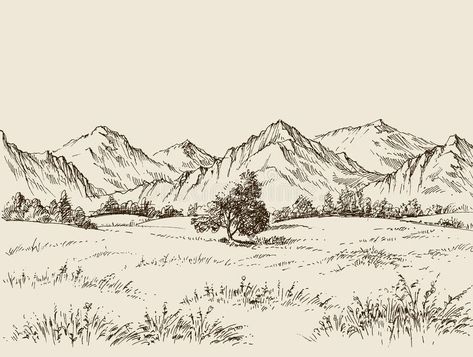 Prairie and mountains drawing royalty free illustration Drawing View Nature Pencil, Skyscrapers Drawing, Mountain Sketch, City Skyscrapers, View Drawing, Landscape Pencil Drawings, Mountain Drawing, Tree Sketches, Landscape Sketch