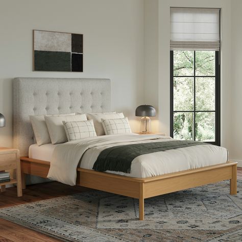 Pactera Oak Queen Bed King Bed Frame With Headboard, Bedroom Rugs Under Bed, Creative Bedroom Decor, Mid Century Modern Bed, No Bed, Modern Beds, Modern Headboard, Oak Beds, Bed Frame With Headboard