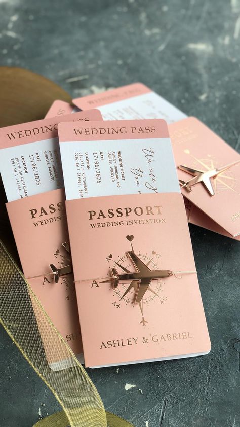 Personalized Premium Wedding Invitations | Love makes you fly ✈️💞 #passport #loveislove #wedding #weddinginvitations #invitations | Instagram Wedding Invitation Pink, Passport Invitations, Passport Wedding Invitations, Unique Wedding Cards, Dream Wedding Decorations, Wedding Planning Decor, Creative Wedding Invitations, Japanese Wedding, Desain Editorial