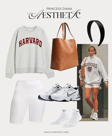 Princess Diana Harvard Fall fashion aesthetic. Shop the look on LTK here: https://liketk.it/4hTCx Harvard university sweatshirt, fall pullover, fall outfit, white biker shorts, bike shorts, tod’s logo leather tote bag, designer dupe, headband, white nike sneakers, nike heirloom, new balance 530, dad shoes, crew socks, ankle socks, fall aesthetic, lady diana, street style, fall 2023 fashion trends, autumn aesthetic, princess diana style #ad #fashioninspo #falloutfits #princessdianastyle Diana Harvard, Aesthetic Princess Diana, Diana Street Style, Dad Shoes Outfit Women, Dad Shoes Outfit, White Biker Shorts, Fall Pullover, Lounge Looks, Body Suit Outfits