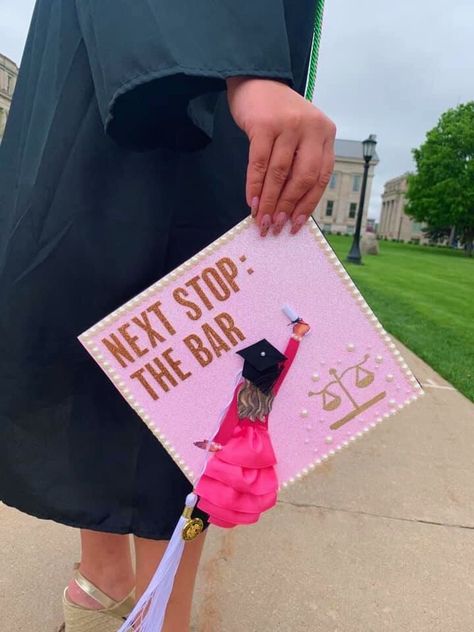 Lawyer Cap Ideas, Pink Rhinestone Grad Cap, Next Stop Grad School Cap, Law School Cap Decoration, Graduation Cap Designs Law School, Going To Law School Grad Caps, Next Stop Law School Grad Cap, Undergrad Graduation Cap, Pre Law Graduation Cap