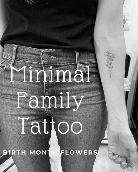 Simple floral tattoo on left forearm - 3 stems, fine lines Birth Month Symbols Tattoo, Birthday Month Tattoo Ideas, Minimal Family Tattoo, Birth Month Tattoo, Month Flowers Tattoos, Family Birth Month Flower Tattoos, Birth Month Tattoo Ideas, Kids Birth Flower Tattoo Ideas, Birth Month Flower Tattoos