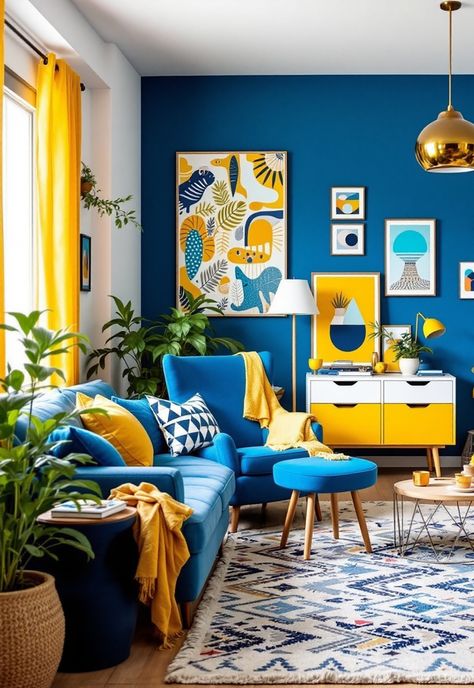 Blue and Yellow Boho Decor Blue And Yellow Living Room Color Scheme, Yellow Living Room Colors, Blue And Yellow Living Room, Boho Decor Ideas, Yellow Drapes, Yellow Office, Blue Interior Design, Retro Interior Design, Blue Office