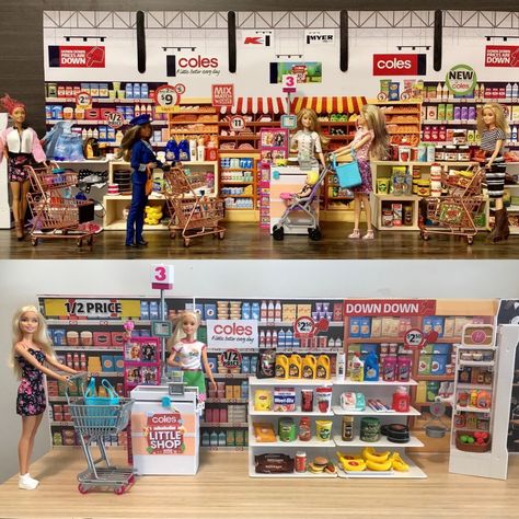 Diy Barbie Shopping Mall, Barbie Town Diy, Diy Barbie Grocery Store, Diy Barbie Food, Diy Mini Brands Display, Barbie Grocery Store, Barbie Town, Mini Brands Toys Diy, Barbie Store