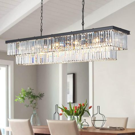 DUNFIZZ Modern Rectangular Crystal Chandeliers, Luxury Chandelier Lighting Rectangle Contemporary Pendant Light Fixture 17-Light for Dining Living Room Kitchen Island Bedroom, L59 - - Amazon.com Rectangle Chandelier Dining Room, Black Crystal Chandelier, Island Bedroom, Rectangular Chandelier, Dining Chandelier, Crystal Chandelier Lighting, Modern Crystal Chandelier, Rectangle Chandelier, Luxury Chandelier