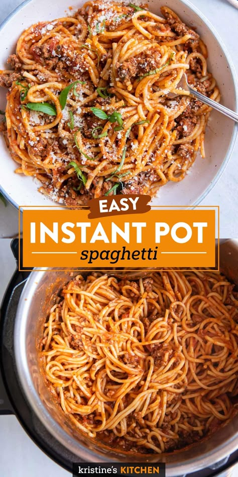 This Instant Pot Spaghetti is one of the best Instant Pot recipes for an easy family dinner. Everything cooks together in the Instant Pot: meat, pasta and sauce! Spagetti Insta Pot Recipe, Instant Pot Spaghetti Bolognese, Instant Pot Bolognese Pasta, Best Easy Instant Pot Recipes, Instant Pot Spaghetti Recipes, Insta Pot Spaghetti Sauce With Meat, Italian Instapot Recipes, Instant Pot Speggetti, Spaghetti Noodles In Instant Pot