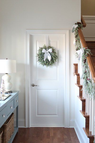 Where To Hang Wreaths In House, Indoor Wreath Ideas, Christmas Bedroom Door Decorations, Indoor Wreath Decor, Wreath On Mirror, Porch Daydreamer, Bedroom Wreath, Indoor Door Decor, Wreath Decorating Ideas