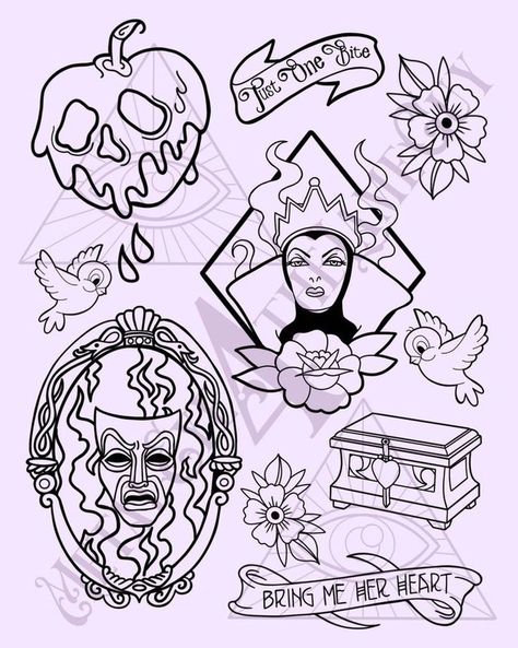 Snow White Tattoos, Pencil Drawing Inspiration, Drawings Of Animals, Tattoo Png, Disney Sleeve, Pencil Drawings Of Animals, Tattoo Flash Sheet, Spooky Tattoos, Tatuaje A Color