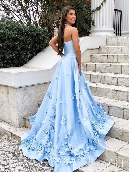 Blue Long Prom Dresses, Prom Dress Two Piece, Sky Blue Prom Dress, Flower Prom Dress, Floral Evening Dresses, Prom Dress Black, Light Blue Prom Dress, Trendy Prom Dresses, Strapless Prom Dresses