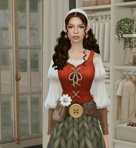 Sims 4 Sim CC: Giselle Lowe Sims 4 Cc Cottagecore Clothes, Sims Cottagecore, Sims 4 Cottagecore Cc, Sims 4 Cottagecore, Cottage Core Clothes, Sims Finds, Sims 4 Cottage, Forest Clothes, Rustic Outfits