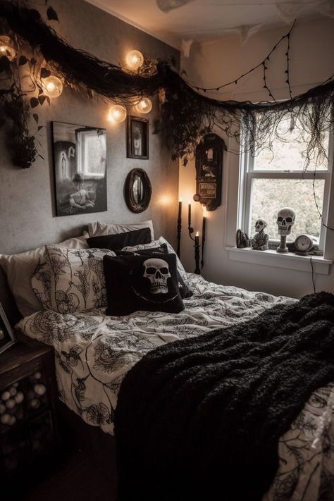 Get ready for a hauntingly beautiful bedroom makeover with these eerie yet elegant Halloween decor tips. Whether you love a subtle spooky touch or a full-on haunted house vibe, these ideas will bring the spirit of Halloween into your personal space. 👻🕯🎃 #HalloweenDecor #SpookyBedroom #HauntedHome #OctoberDecor Goth Room Ideas Aesthetic, Halloween Inspired Bedroom, Spooky Room Decor Bedroom, Room Inspiration Dark, Gothic Cottagecore Bedroom, Gothic Teen Bedroom, Black Vintage Bedroom, Halloween Decor For Bedroom, Halloween Theme Bedroom