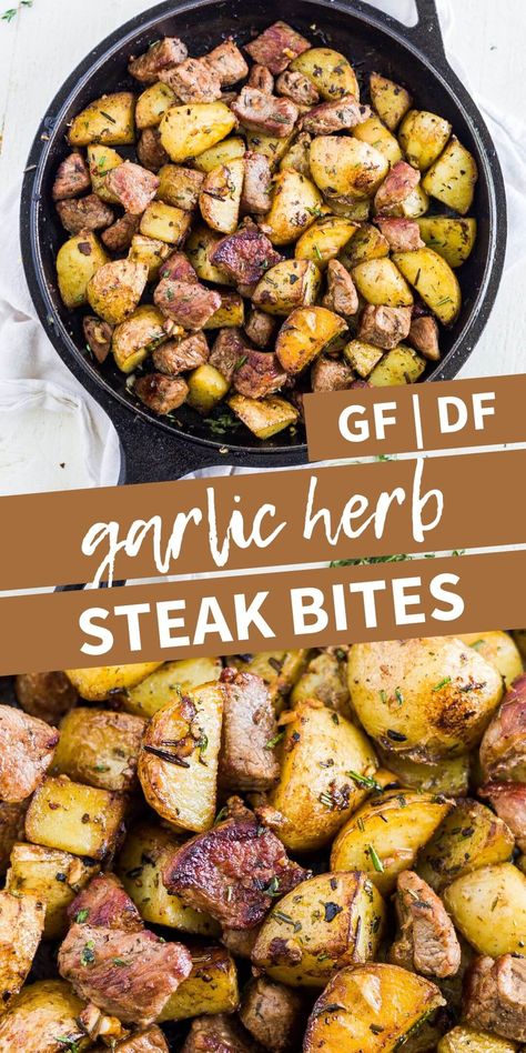 Make these steak bites with potatoes in under 20 minutes! It's a gluten free and dairy free meal full of garlic and fresh herbs. Crispy potato skins and tender steak make this meal a one pan recipe for a weeknight. Steak Bites With Potatoes, Gluten Free Dairy Free Recipes Dinner, Butter Steak Bites, Steak And Potatoes, Garlic Steak, Dairy Free Recipes Dinner, Butter Steak, Pan Recipe, Tender Steak