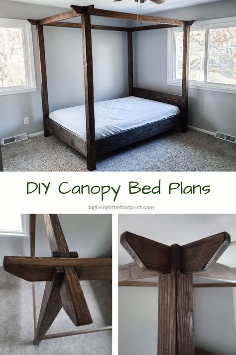 Canopy Bed Ideas For Adults Farmhouse, Diy Four Poster Bed Canopy, Diy 4 Poster Bed, Canopy Bed Ideas For Adults Diy, Diy Canopy Bed For Adults, Canopy Bed Ideas For Adults, Diy Queen Bed Frame, Canopy Bed Wood, Diy Queen Bed