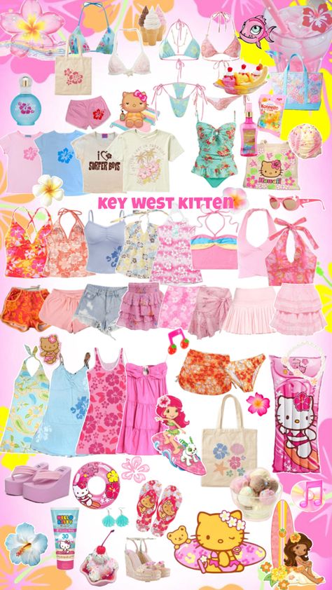 #summer #beach #beachy #aesthetic #keywestkitten #sanrio #hellokitty #clothes #collage #strawberryshortcake #beachgirl #fashion #pink #hotgirlsummer #cute #cutecore #tropical #tropicore #orange #pinkandorange #hibiscus Key West Kitten Clothes, Beachy Y2k Aesthetic, Pink And Orange Beach Aesthetic, 2000s Beach Aesthetic Outfits, Where To Buy Coconut Girl Clothes, Tropical Core Clothes, Tropicore Outfits, Keywestkitten Outfits, Tropical Outfits Aesthetic