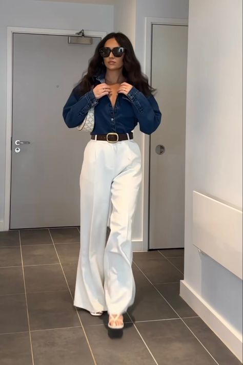 Royal Blue Classy Outfit, White And Blue Outfits For Women Classy, Navy Blue Silk Pants Outfit, Navy Blue And White Outfit Ideas, Blue Classy Outfits, Navy Blue Outfit Ideas Classy, Classy Lady Outfits, Dark Blue And White Outfit, Bgc Outfit Ideas