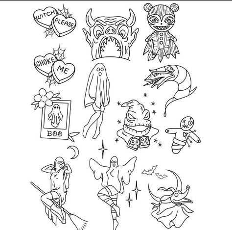 Small Horror Flash Tattoo, Beginner Tattoo Flash Sheet, Flash Art Tattoo Ideas Witchy, Halloween Flash Sheet Simple, Line Work Flash Sheets, Line Work Tattoo Flash Sheet, Halloween Flash Tattoo Sheet, Halloween Flash Sheet Tattoo, Beetlejuice Tattoo Flash