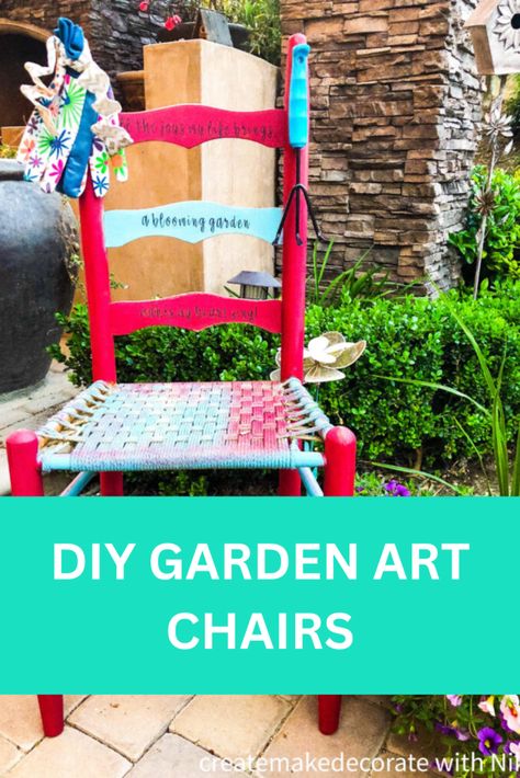 Painted Thrift Store Chair Ideas Whimsical Garden Art, Painted Chair, Spring Pillows, Turquoise Painting, Chair Ideas, Old Chairs, Painted Chairs, Art Chair, Gardening Gloves