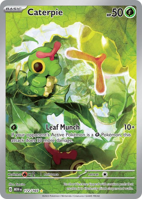 Caterpie in the 151 Pokémon Trading Card Game Set. Detailing all effects of the card Pretty Pokemon, Full Art Pokemon Cards, Pokemon Personalities, Pokemon Full Art, Carta Pokemon, Kartu Pokemon, Green Pokemon, 151 Pokemon, Rare Pokemon Cards