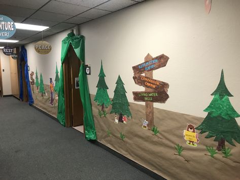 Wilderness Theme Classroom, Vbs Camping Theme Decorations, Camping Theme School Hallway, Vbs Camping Theme, Vbs Signs Ideas, Camping Vbs Theme, Camping Vbs, Camping Hallway Theme, River Rafting Adventure Vbs