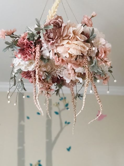 Blush DIY flower chandelier for baby girl nursery Fake Flower Chandelier, Diy Hanging Flower Chandelier, Book Hangers, Faux Flower Chandelier, Diy Flower Chandelier, Flower Chandelier Diy, Floral Chandelier Diy, Floral Hanging Wreath Flower Chandelier, Chandelier Greenery