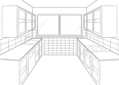 Kitchen Perspective Drawing, Drawing One Point Perspective, Perspective Drawing One Point, Kitchen Perspective, Room Perspective Drawing, Room Perspective, Perspective Grid, Perspective Room, Perspective Drawings