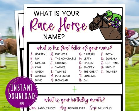 Whats Your Race Horse Name Game Triple Crown Party Game Horse Race Kentucky Derby Preakness Belmont Fun Activity for Adult & Kid - Etsy Horse Race Birthday Party Ideas, Derby Day Activities For Kids, Horse Racing Birthday Party, Derby Party For Kids, Kentucky Derby Classroom Activities, Kentucky Derby For Kids, Horse Race Party Ideas, Kentucky Derby Party For Kids, Kids Derby Party