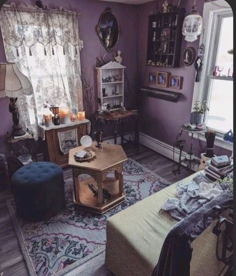 Black And Lilac Room, Purple Witchy Living Room, Plum Purple Room, Purple Witchy Room, Dark Purple Living Room Walls, Vintage Purple Room, Cozy Goth Home, Whimsigothic Living Room, Deep Purple Room