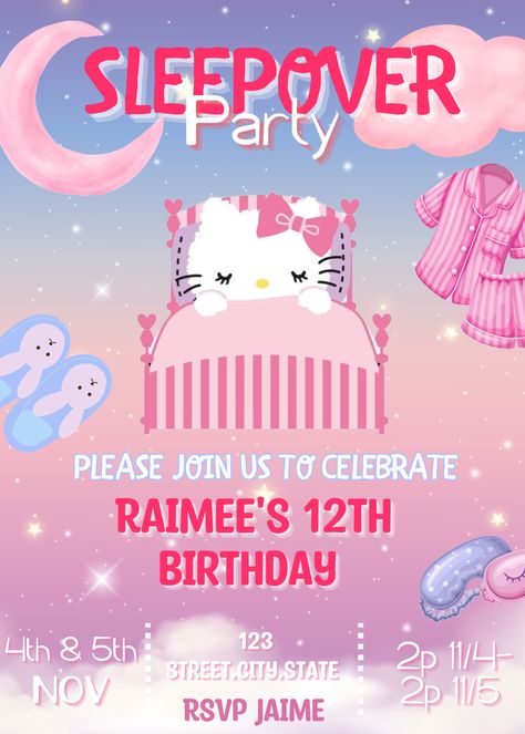 Kawaii Kitty Sleepover Birthday Invitation | Cute Slumber Birthday Invite | Kitty Pink Sleepover,| Canva Editable Template Party Birthday | * Kitty Sleepover Birthday Invitation * Slumber Party Invite * Cute Kitty Thank You Card * Sleepover Party Decoration * Kitty Themed Birthday Party * Printable Digital Files * Sleepover Party Decorations * Instant Download Templates * Customizable Kitty Invitation * Adorable Kitty Designs * Stress-Free Party Planning Hello Kitty Sleepover, Pink Sleepover, Slumber Party Invitations, Sleepover Birthday, Kawaii Kitty, Hello Kitty Party, Hello Kitty Birthday, Collage Template, Sleepover Party