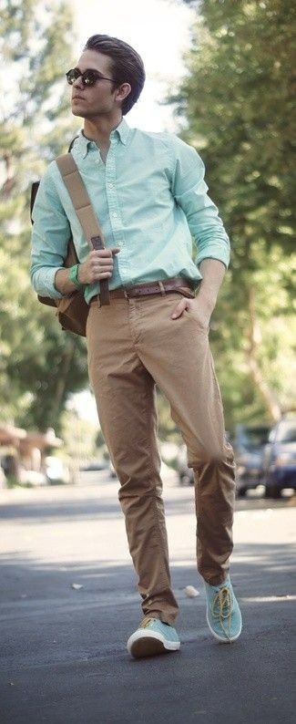 Got a big date or work presentation coming up? Well, you want to dress to impress, and mismatching the colors of your outfit can put a wrench in your plans. So, what color shirt goes with dark brown pants the best? We’ve got the lowdown, so you don’t have to do the research. Find our color matches and recommendations below. Mint Green Pants, Khaki Pants Outfit, Khakis Outfit, Mint Green Shirts, Dark Brown Pants, Neon Prom Dresses, Mint Shirt, Mint Green Shorts, Mens Dress Outfits