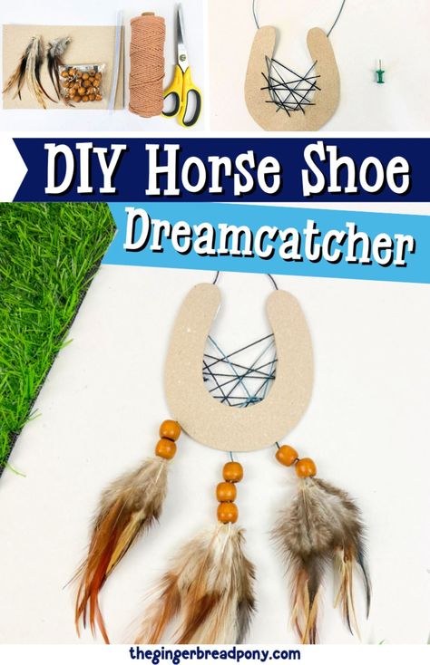 This fun DIY idea puts a distinctly equestrian spin on a traditional decoration. Follow the on our blog to make a horseshoe dreamcatcher. You can use a real horseshoe if you have access to one, or construct a "shoe" from cardboard! These crafts would be a great option for a summer camp or rainy day art activity for all ages! #horses #equestrian #dreamcatcher #craft #diy #thegingerbreadpony Cowboy Day Activities, Western Day Activities, Cowboy Crafts For Kids, Western Themed Crafts, Horse Crafts For Kids, Horse Camp Activities, Horse Crafts Kids, Horse Camp Crafts, Camp Activity Ideas