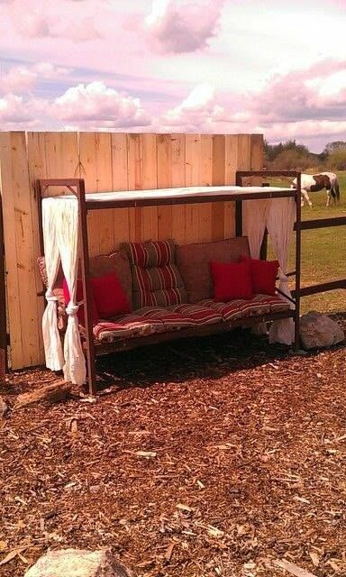 Metal Bed Frame turned into a comfortable shady spot outside. Upcycled Bunk Bed, Bunk Bed Repurpose Outdoor, Bunk Bed Repurpose Upcycling, Repurpose Bunk Bed Ideas, Old Bunk Bed Repurpose, Repurposed Bunk Bed Ideas, Bunkbed Ideas, Comfy Place, Bunk Beds With Stairs