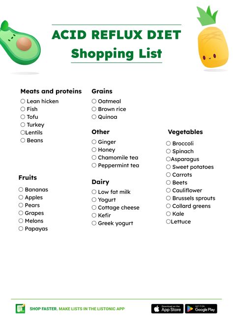 Acid Reflux Diet Food List (+ Shopping List and PDF) - Listonic Gastroesophageal Reflux Diet, Foods Good For Acid Reflux Diet, Food For Acid Reflux Diet, Gastroperisis Diet Food List, Foods For Acid Reflux Diet, Foods To Avoid For Acid Reflux Gerd Diet, Acid Watchers Diet, Liver Shrinking Diet, Acid Reflux Foods