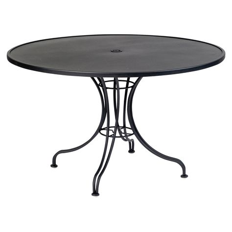 Umbrella Table, Round Patio Table, Table With Umbrella, Iron Patio Furniture, Iron Bar Stools, Round Patio, Bistro Furniture, Outdoor Patio Designs, Wood Patio Furniture