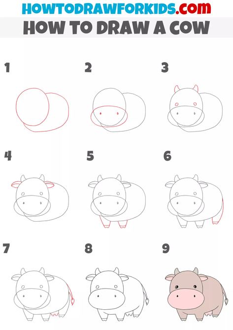 How To Draw Cow Step By Step, Cow Tutorial Drawing, Drawing Cows Step By Step, Pig Drawing Step By Step, Step By Step Farm Animal Drawing, Draw A Cow, Drawing Methods, Cow Drawing, Sketching Tips